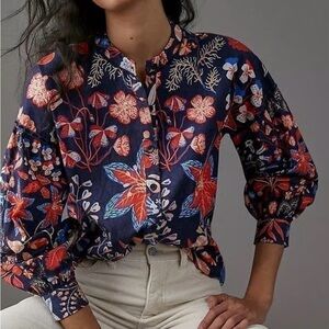 Anthropologie Floral Navy Blouse